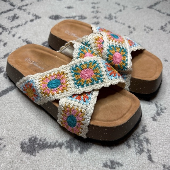Y2K 90s Chunky Crochet Beachy Square Toe Summer Criss Cross Platform Sandals - Picture 1 of 5
